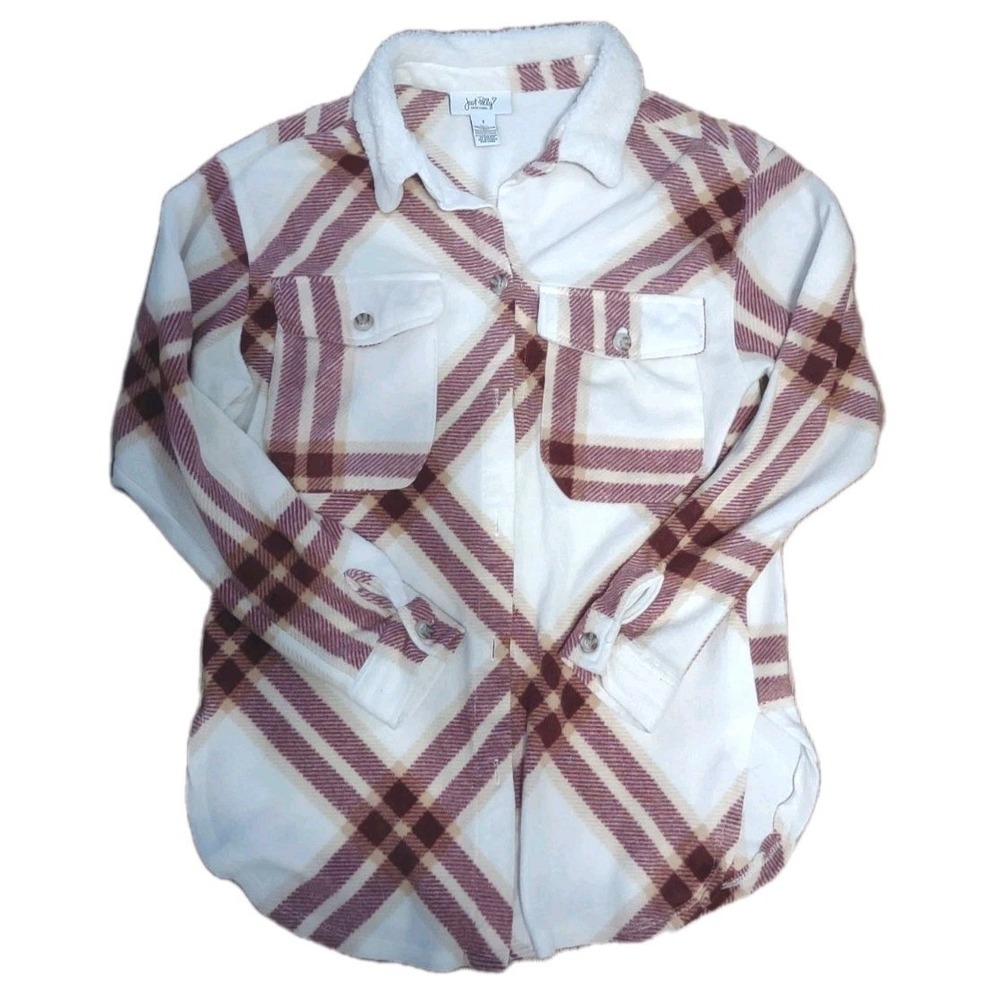 Just Polly NY Plaid Shacket Women's Small Cream Burgundy Sherpa Collar Fleece